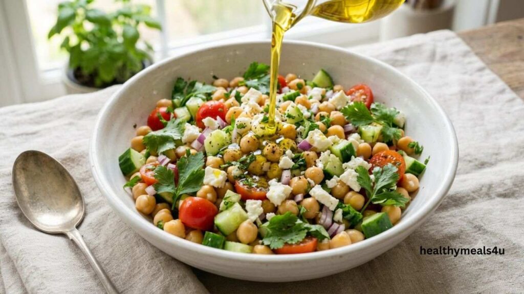 a white bowl with indian chickpea salad with a spoon