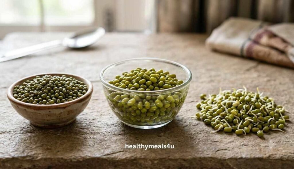 bowl of fresh moong sprouts on wooden table