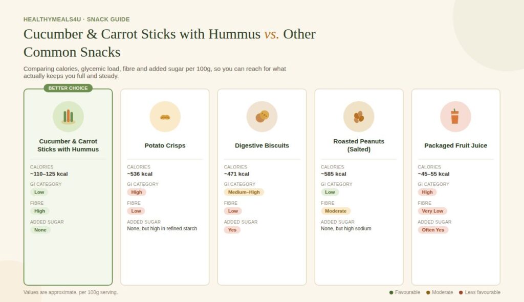 Cucumber and Carrot Sticks with Hummus vs Other Common Snacks